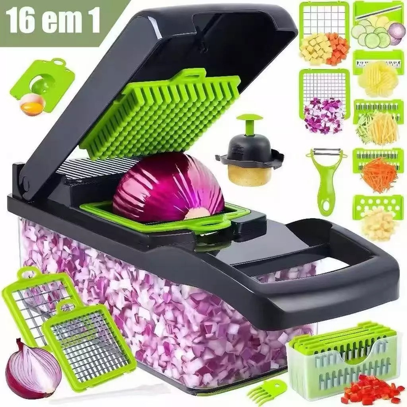 Fatiador Profissional Multifuncional 16 em 1/6 em 1 de Aço Inoxidável - Ideal para Vegetais, Frutas e Legumes