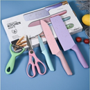 Kit de Conjunto Facas Coloridas/Pretos Tesoura Descascador Cozinha Gourmet 6 Peças
